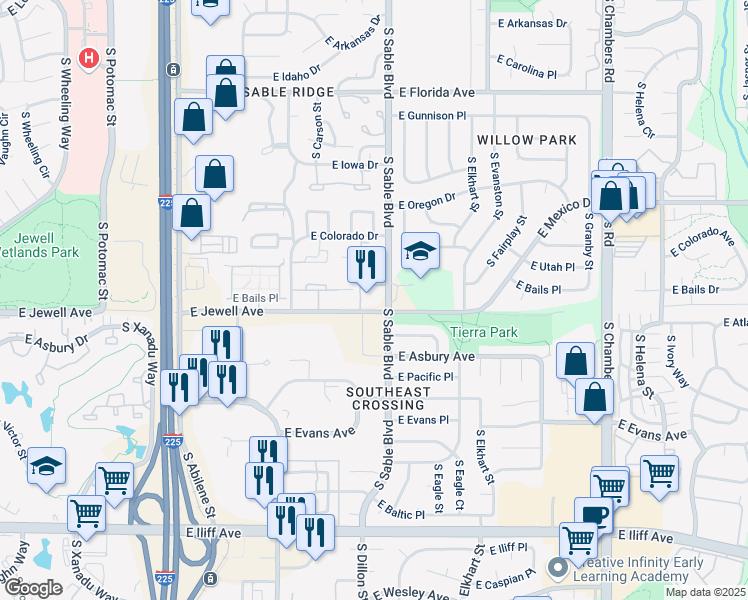 map of restaurants, bars, coffee shops, grocery stores, and more near 14493 South Sable Boulevard in Aurora