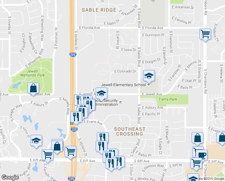 map of restaurants, bars, coffee shops, grocery stores, and more near 14121 East Jewell Avenue in Aurora