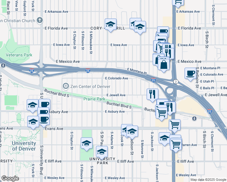 map of restaurants, bars, coffee shops, grocery stores, and more near 1875 South Adams Street in Denver