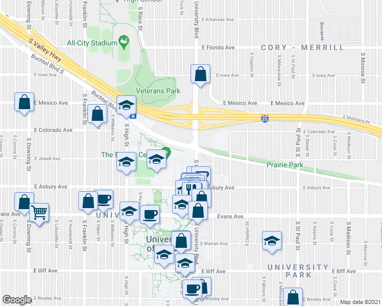 map of restaurants, bars, coffee shops, grocery stores, and more near 1861 South University Boulevard in Denver
