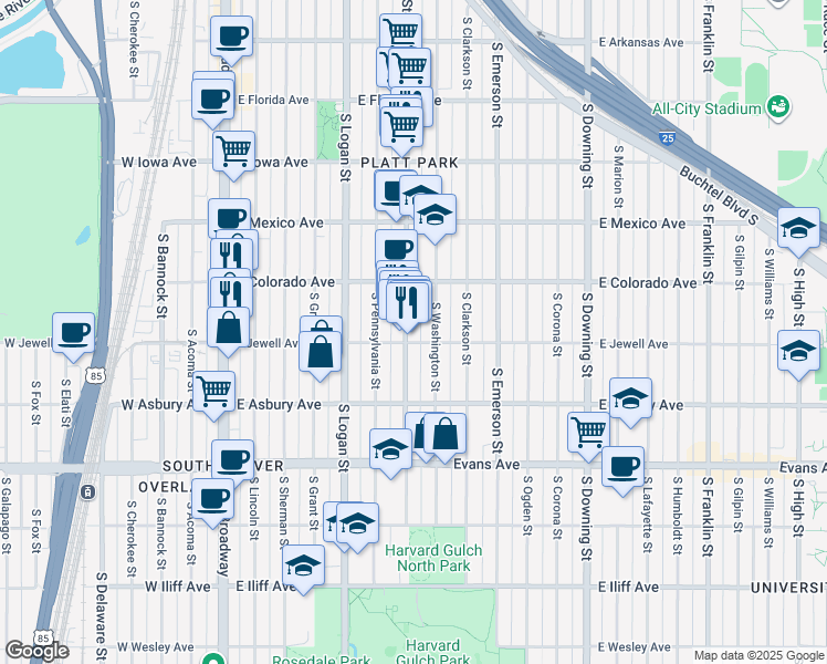 map of restaurants, bars, coffee shops, grocery stores, and more near 1883 South Pearl Street in Denver