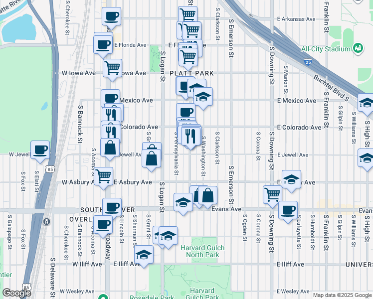 map of restaurants, bars, coffee shops, grocery stores, and more near 1883 South Pearl Street in Denver