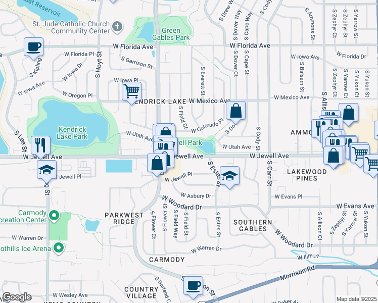 map of restaurants, bars, coffee shops, grocery stores, and more near 8983 West Jewell Avenue in Lakewood
