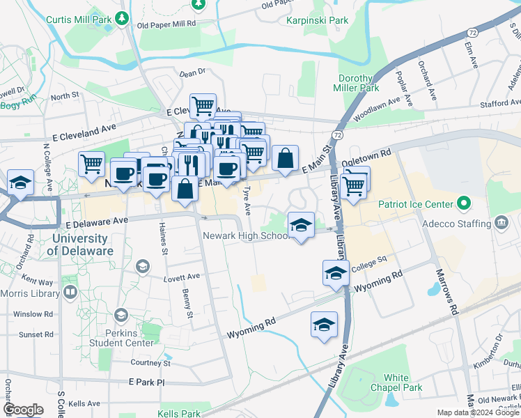 map of restaurants, bars, coffee shops, grocery stores, and more near 305 Delaware Circle in Newark
