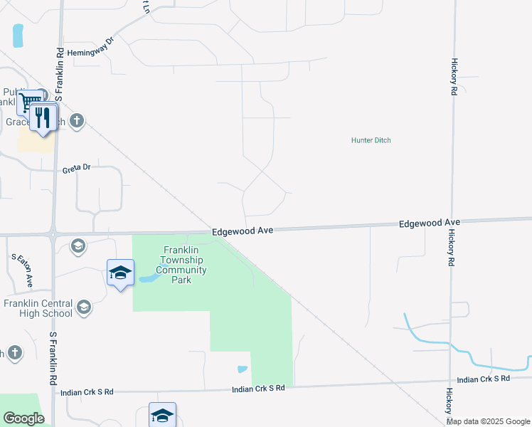map of restaurants, bars, coffee shops, grocery stores, and more near 9020 East Edgewood Avenue in Indianapolis