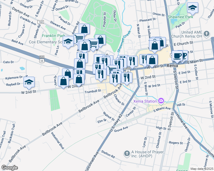 map of restaurants, bars, coffee shops, grocery stores, and more near 617 West 2nd Street in Xenia