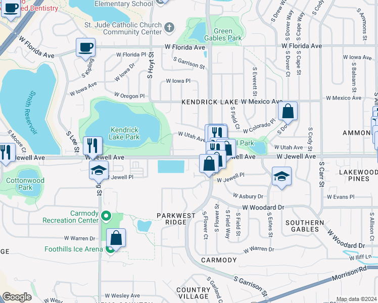 map of restaurants, bars, coffee shops, grocery stores, and more near 9352 West Utah Place in Lakewood