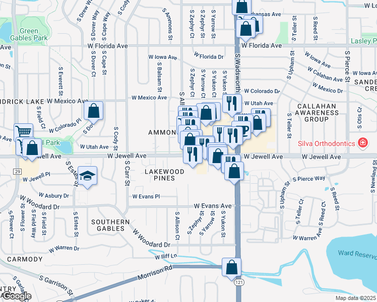 map of restaurants, bars, coffee shops, grocery stores, and more near 7827 West Jewell Avenue in Lakewood
