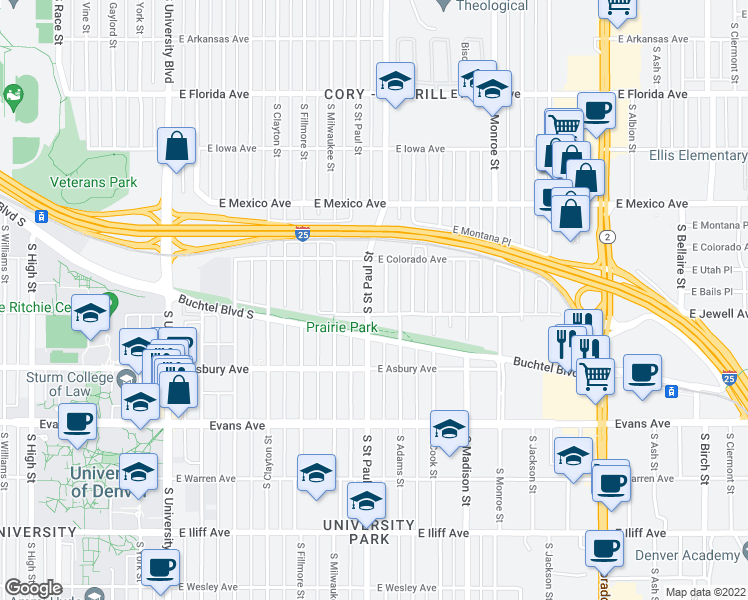 map of restaurants, bars, coffee shops, grocery stores, and more near 1880 South Saint Paul Street in Denver