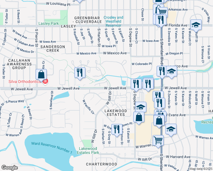 map of restaurants, bars, coffee shops, grocery stores, and more near 6050 West Utah Lane in Lakewood