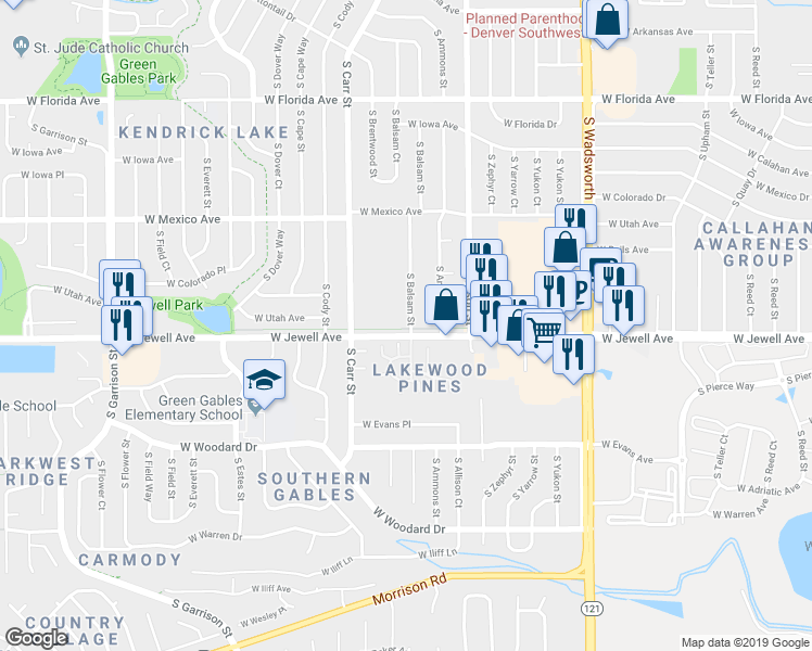 map of restaurants, bars, coffee shops, grocery stores, and more near 1889 South Balsam Street in Lakewood