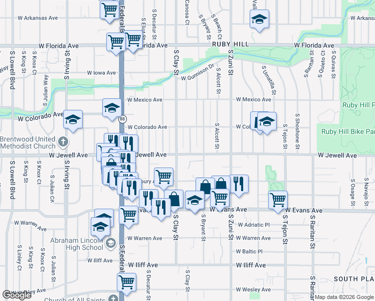 map of restaurants, bars, coffee shops, grocery stores, and more near 1897 South Canosa Court in Denver