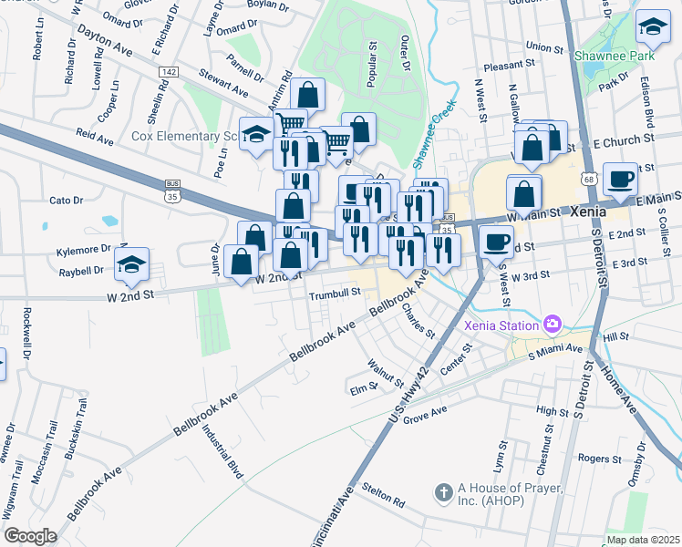 map of restaurants, bars, coffee shops, grocery stores, and more near 689 West 2nd Street in Xenia