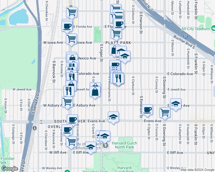 map of restaurants, bars, coffee shops, grocery stores, and more near 1879 South Pennsylvania Street in Denver