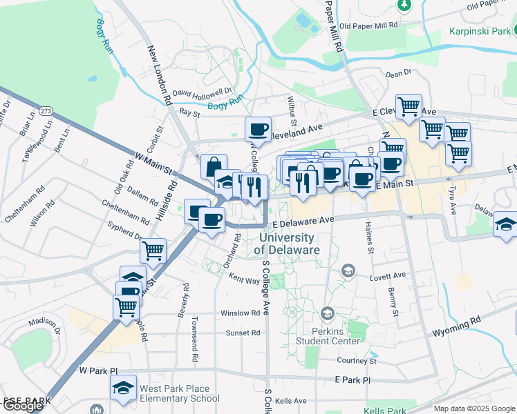 map of restaurants, bars, coffee shops, grocery stores, and more near 5 West Main Street in Newark