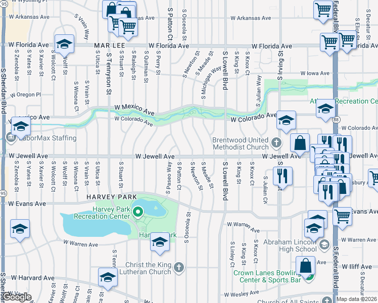 map of restaurants, bars, coffee shops, grocery stores, and more near 1887 South Newton Street in Denver