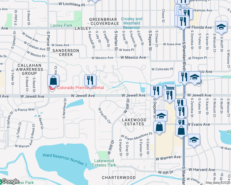 map of restaurants, bars, coffee shops, grocery stores, and more near 6084 West Utah Lane in Lakewood