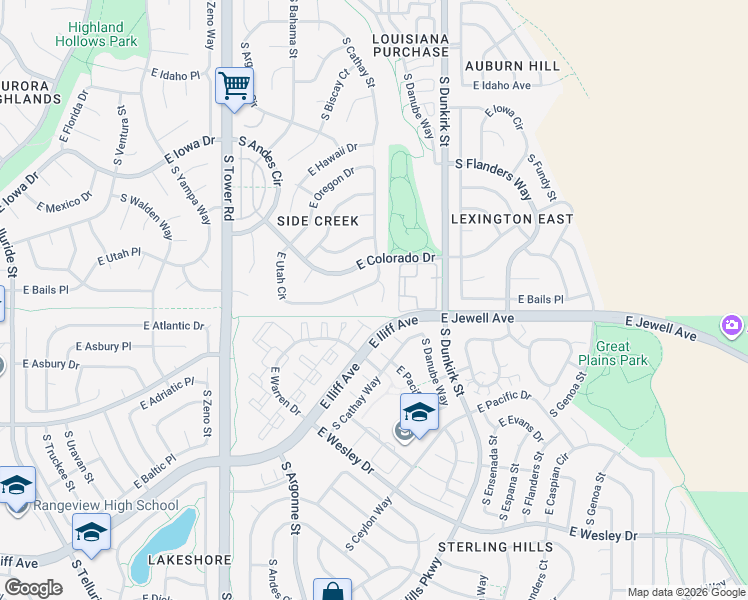 map of restaurants, bars, coffee shops, grocery stores, and more near 1871 South Cathay Court in Aurora