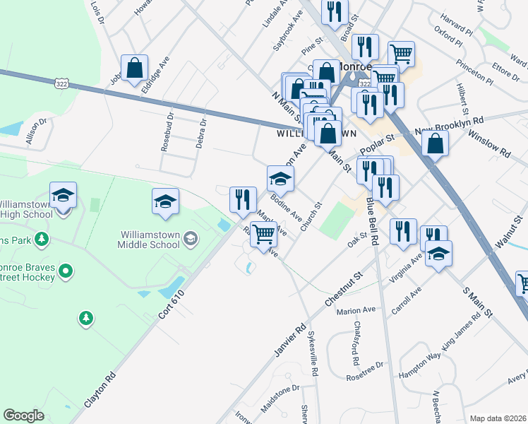 map of restaurants, bars, coffee shops, grocery stores, and more near 20 Maple Avenue in Monroe