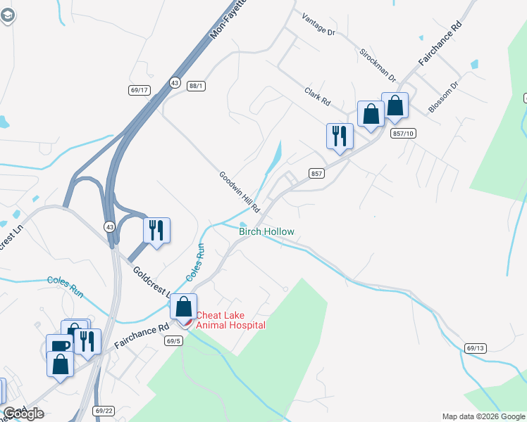 map of restaurants, bars, coffee shops, grocery stores, and more near 6 Goodwin Hill Road in Morgantown