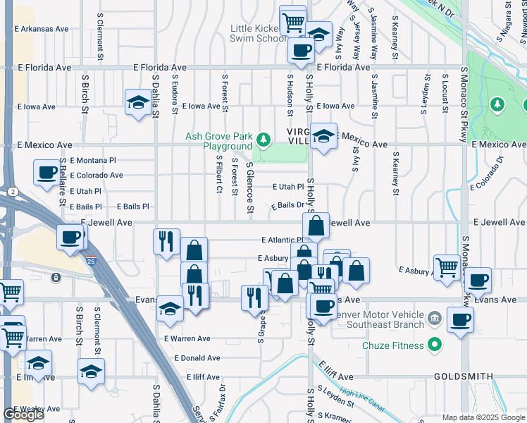 map of restaurants, bars, coffee shops, grocery stores, and more near 5385 East Bails Drive in Denver