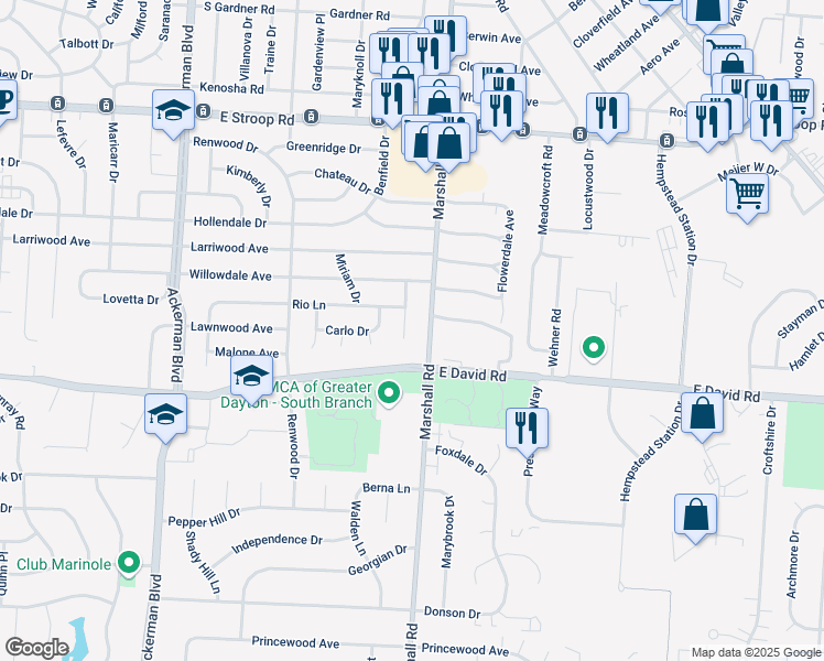 map of restaurants, bars, coffee shops, grocery stores, and more near 4366 Karen Drive in Dayton