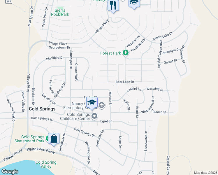 map of restaurants, bars, coffee shops, grocery stores, and more near 17405 Macaw Lane in Reno
