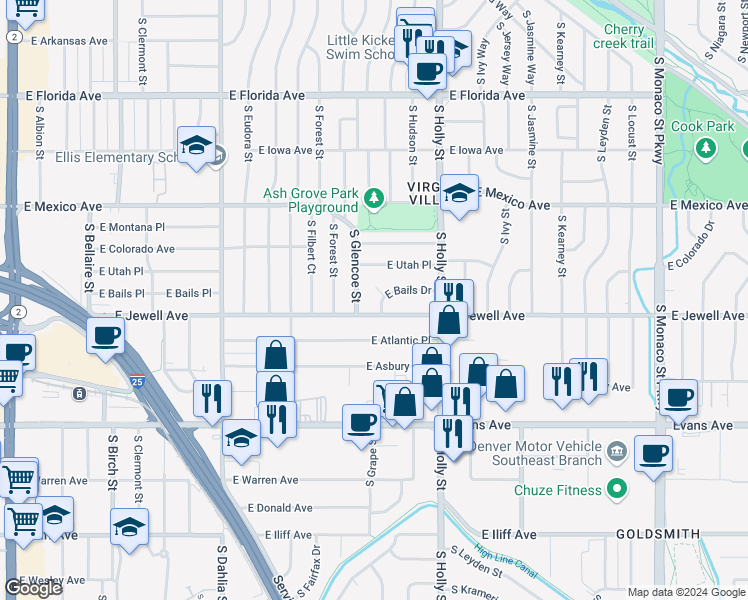 map of restaurants, bars, coffee shops, grocery stores, and more near 5385 East Bails Drive in Denver