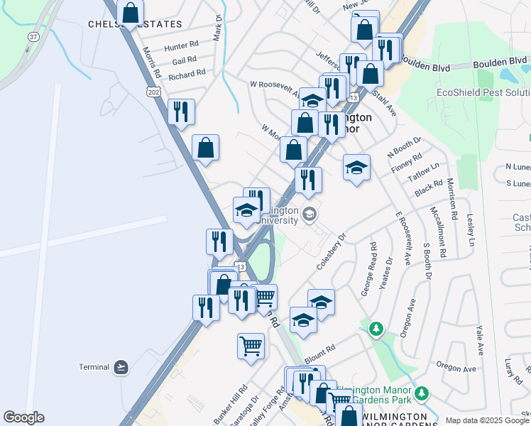 map of restaurants, bars, coffee shops, grocery stores, and more near 265 North Dupont Highway in New Castle