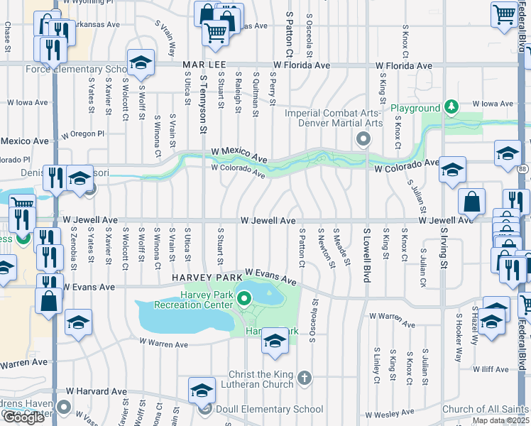 map of restaurants, bars, coffee shops, grocery stores, and more near 1891 South Perry Way in Denver