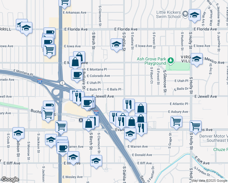 map of restaurants, bars, coffee shops, grocery stores, and more near 4700 East Bails Place in Denver