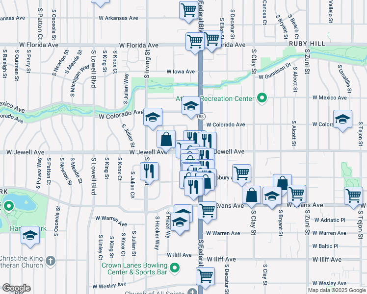map of restaurants, bars, coffee shops, grocery stores, and more near 1898 South Hazel Court in Denver