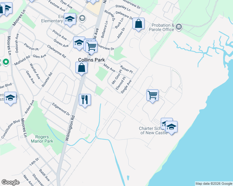 map of restaurants, bars, coffee shops, grocery stores, and more near 343 Single Avenue in New Castle