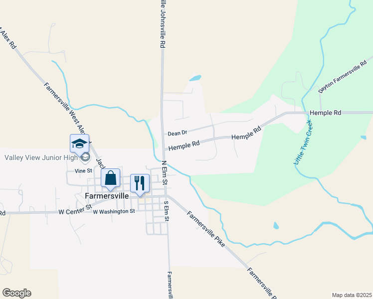 map of restaurants, bars, coffee shops, grocery stores, and more near 54 Hemple Road in Farmersville