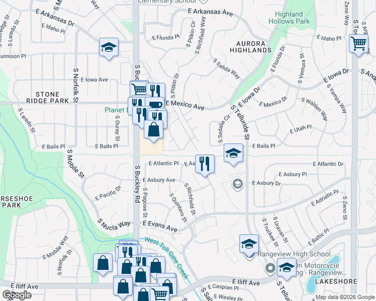 map of restaurants, bars, coffee shops, grocery stores, and more near 377 South Pagosa Way in Aurora