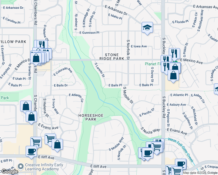 map of restaurants, bars, coffee shops, grocery stores, and more near 16196 East Bails Place in Aurora