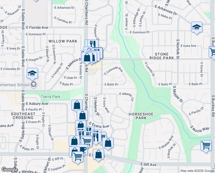 map of restaurants, bars, coffee shops, grocery stores, and more near 15582 East Bails Drive in Aurora