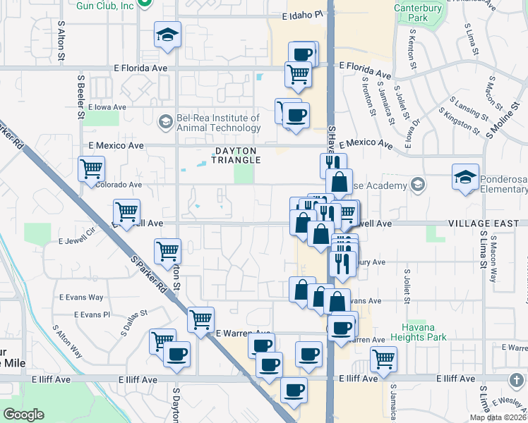 map of restaurants, bars, coffee shops, grocery stores, and more near 10150 East Colorado Avenue in Denver
