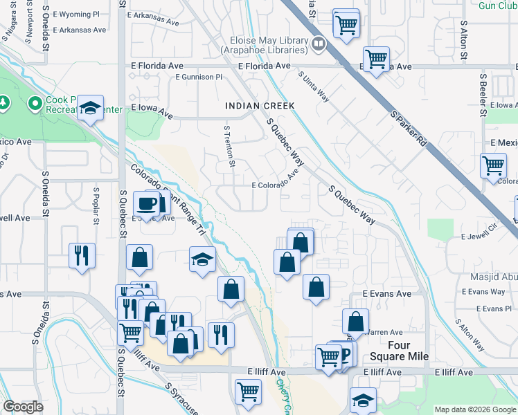 map of restaurants, bars, coffee shops, grocery stores, and more near 8051 East Jewell Avenue in Denver