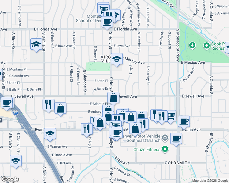 map of restaurants, bars, coffee shops, grocery stores, and more near 1870 South Holly Street in Denver