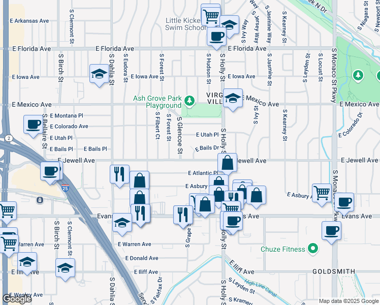 map of restaurants, bars, coffee shops, grocery stores, and more near 5385 East Bails Drive in Denver
