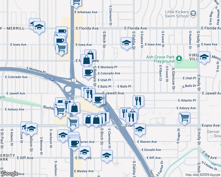 map of restaurants, bars, coffee shops, grocery stores, and more near 4441 East Jewell Avenue in Denver
