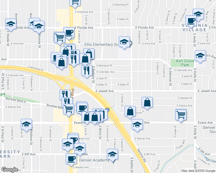 map of restaurants, bars, coffee shops, grocery stores, and more near 4441 East Jewell Avenue in Denver