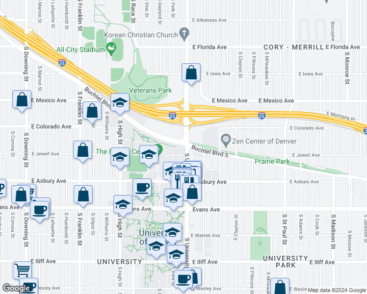 map of restaurants, bars, coffee shops, grocery stores, and more near 1861 South University Boulevard in Denver