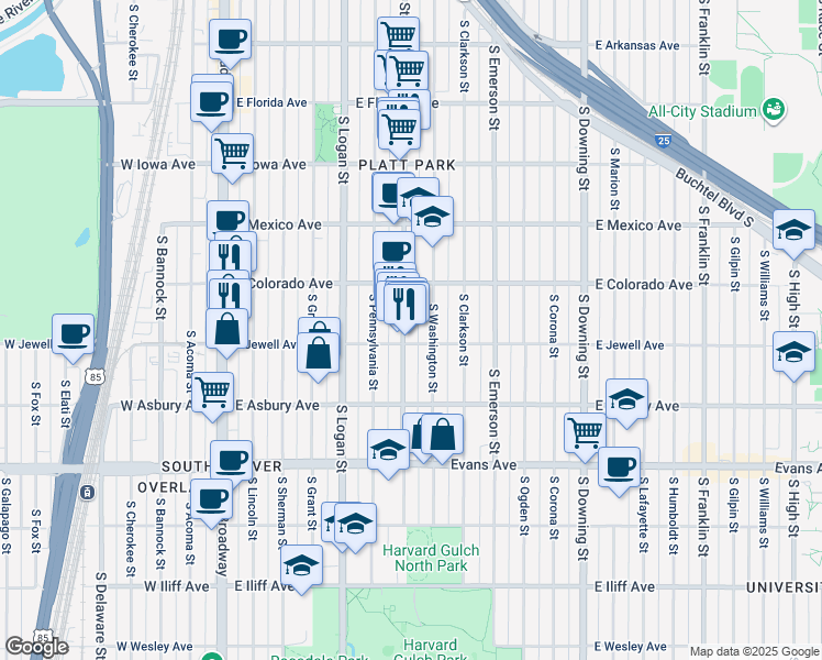 map of restaurants, bars, coffee shops, grocery stores, and more near 1883 South Pearl Street in Denver