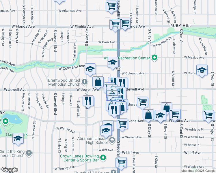 map of restaurants, bars, coffee shops, grocery stores, and more near 1898 South Hazel Court in Denver