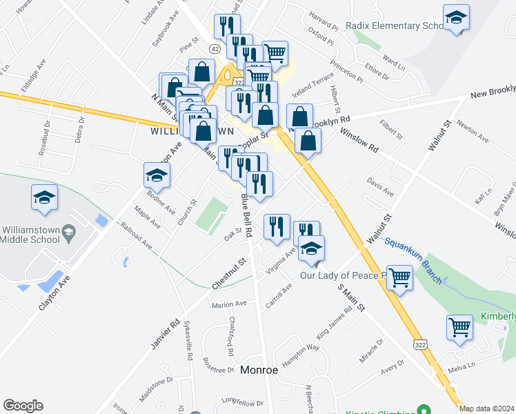 map of restaurants, bars, coffee shops, grocery stores, and more near 387 South Main Street in Monroe