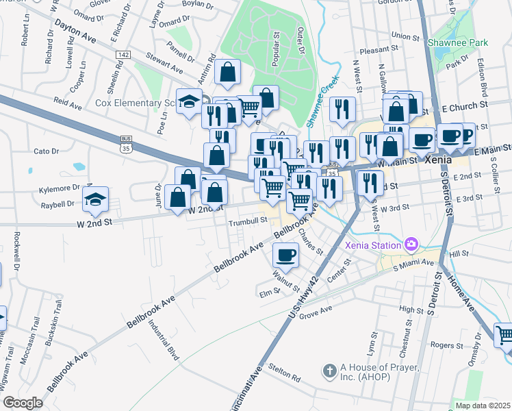 map of restaurants, bars, coffee shops, grocery stores, and more near 701 West 2nd Street in Xenia