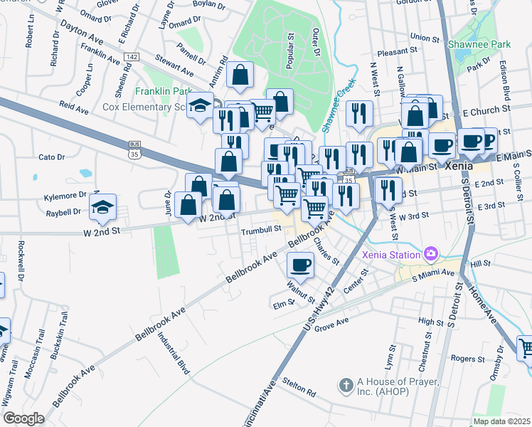 map of restaurants, bars, coffee shops, grocery stores, and more near 701 West 2nd Street in Xenia
