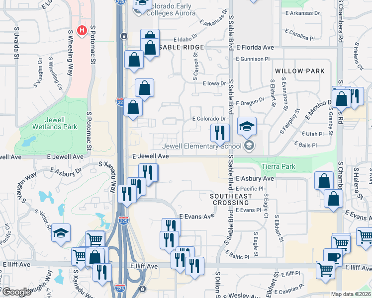 map of restaurants, bars, coffee shops, grocery stores, and more near 14131 East Jewell Avenue in Aurora